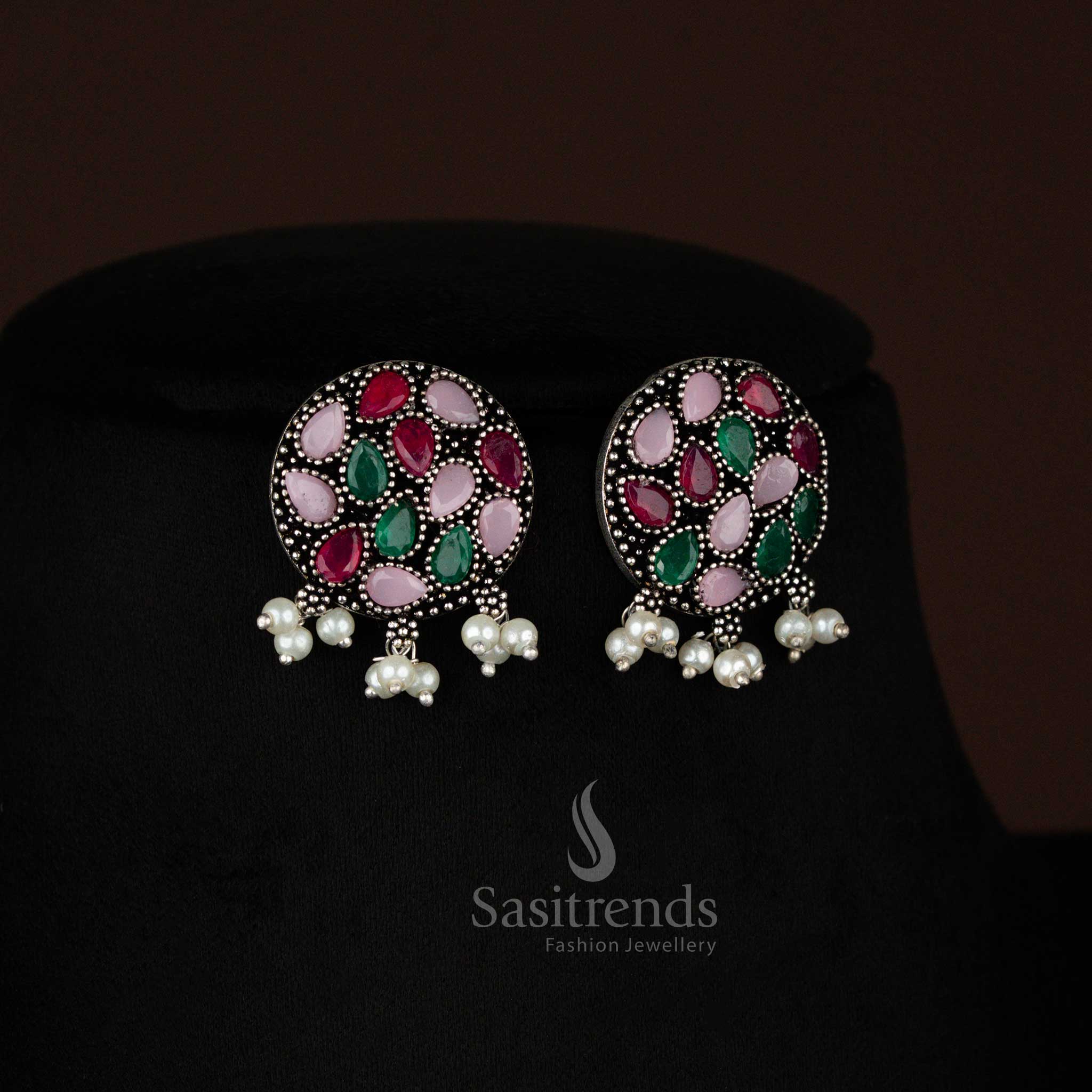Vibrant multi-stone oxidised silver Earrings featuring a detailed peacock motif and pearl earrings, a trendy traditional jewellery set – Sasitrends
