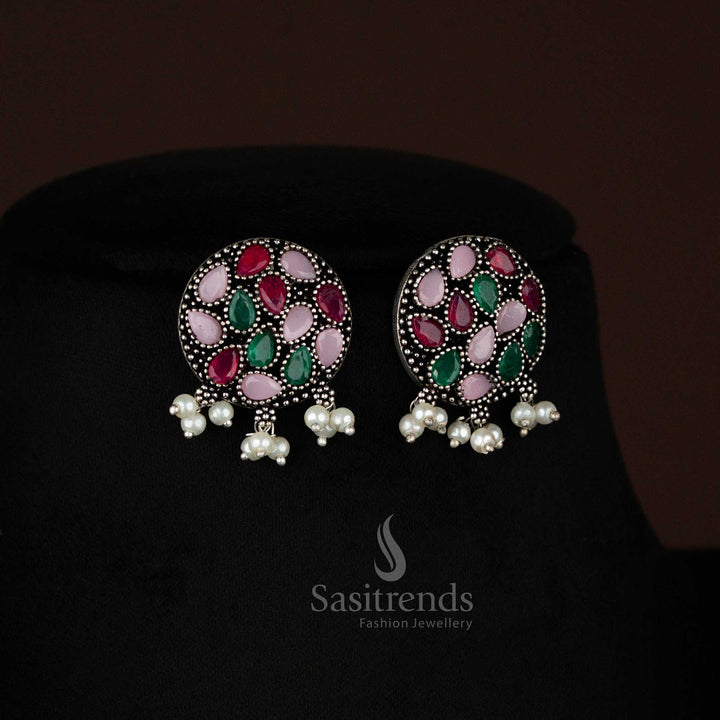Vibrant multi-stone oxidised silver Earrings featuring a detailed peacock motif and pearl earrings, a trendy traditional jewellery set – Sasitrends