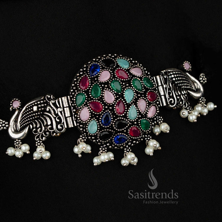 Artistic peacock oxidised multi-colour choker necklace with pearl drops and stones, a radiant jewellery set for festive wear – Sasitrends