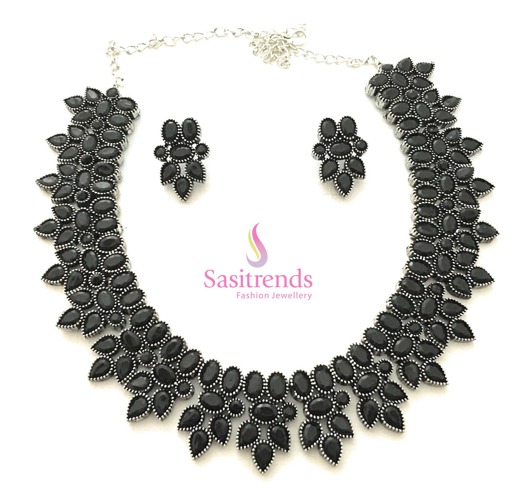 Latest Stunning Oxidised German Silver Tribal Stones Necklace With Statement Earrings – Traditional Women Jewellery Set Featuring Bold Engraving And Vintage Ethnic Finish, Perfect For Saree Or Festive Occasions – Sasitrends

