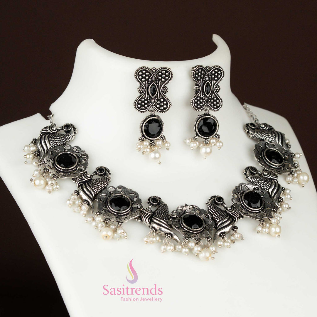 Latest Jewellery: Party Look Floral and Peacock Motifs Oxidised Pearl  Necklace Jewellery Set with Earrings Sasitrends