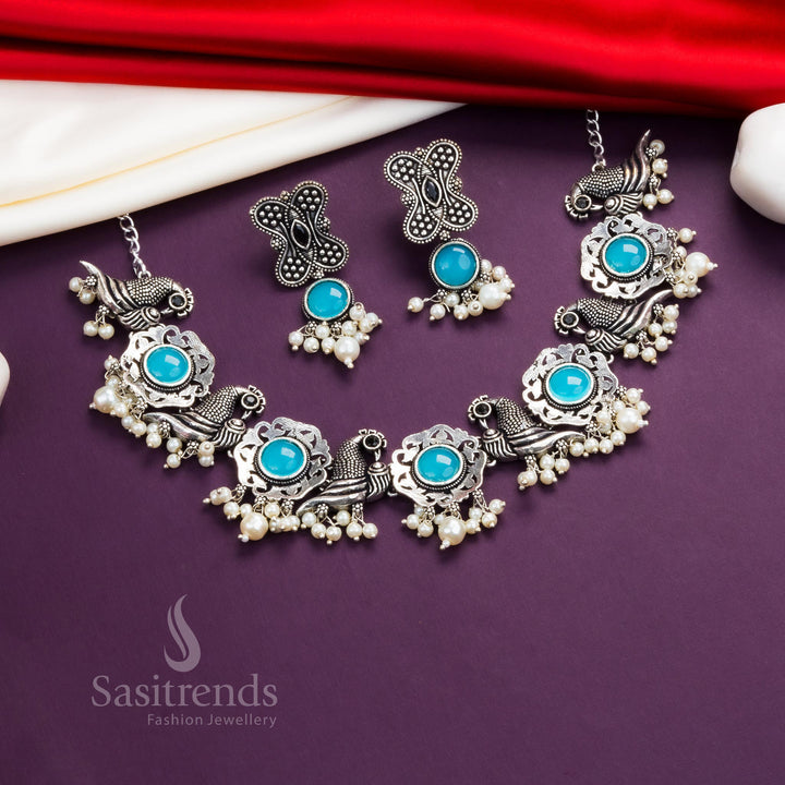Sky blue oxidised pearl necklace with peacock floral motif and earrings – youthful and trendy jewellery – Sasitrends