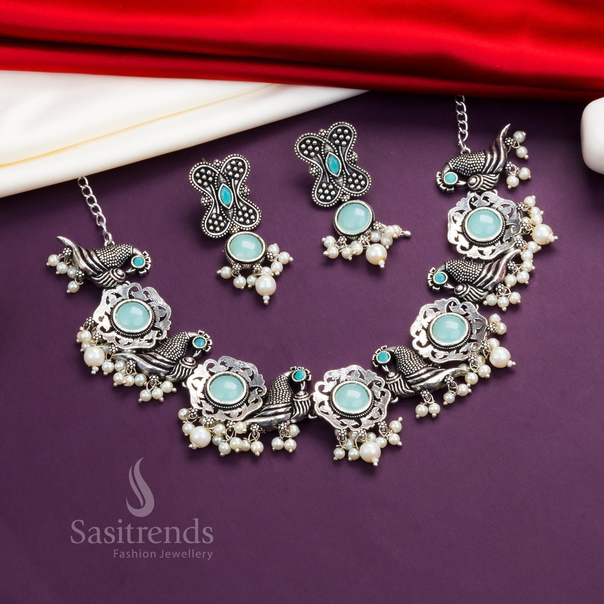 Mint green oxidised pearl necklace set with floral and peacock earrings – traditional jewellery look – Sasitrends