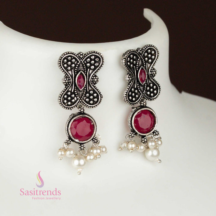 Graceful pearl oxidised necklace with traditional peacock and floral design, an ethnic jewellery set ideal for traditional occasions – Sasitrends