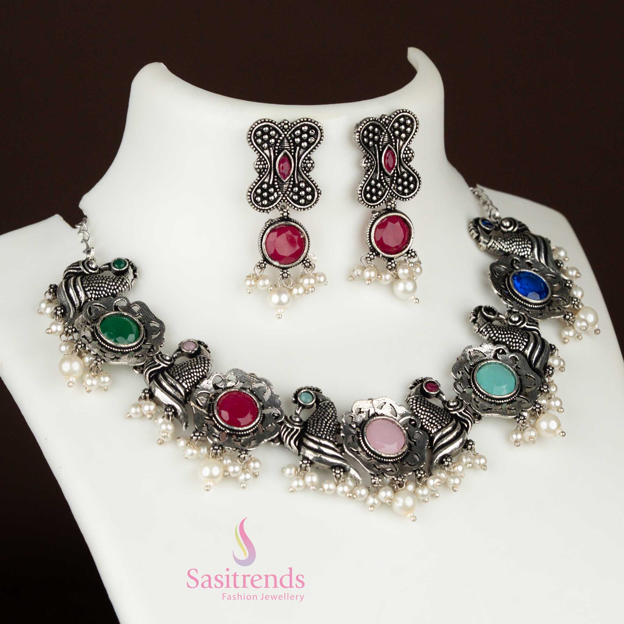 Oxidised silver multi-colour jewellery set with peacock and floral pendants and pearl hangings, an artistic fusion necklace with earrings – Sasitrends