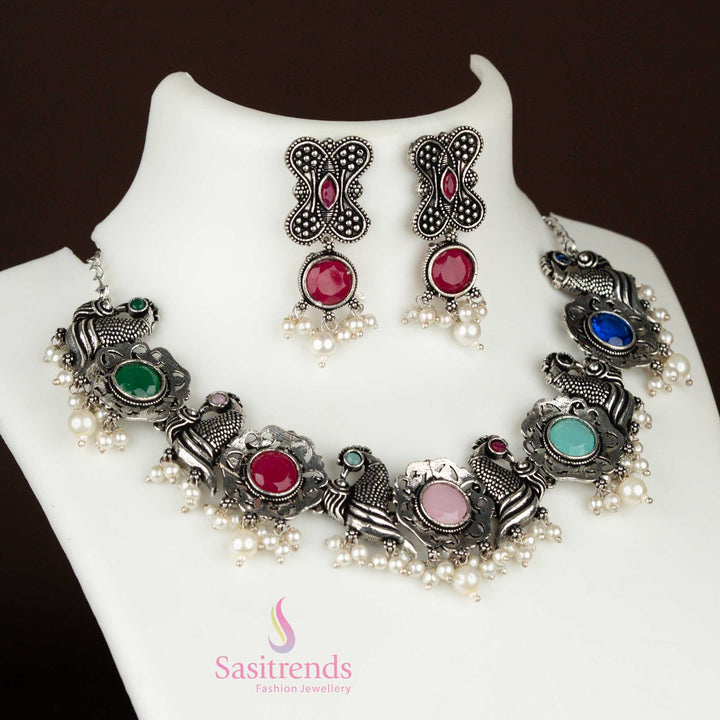 Oxidised silver multi-colour jewellery set with peacock and floral pendants and pearl hangings, an artistic fusion necklace with earrings – Sasitrends