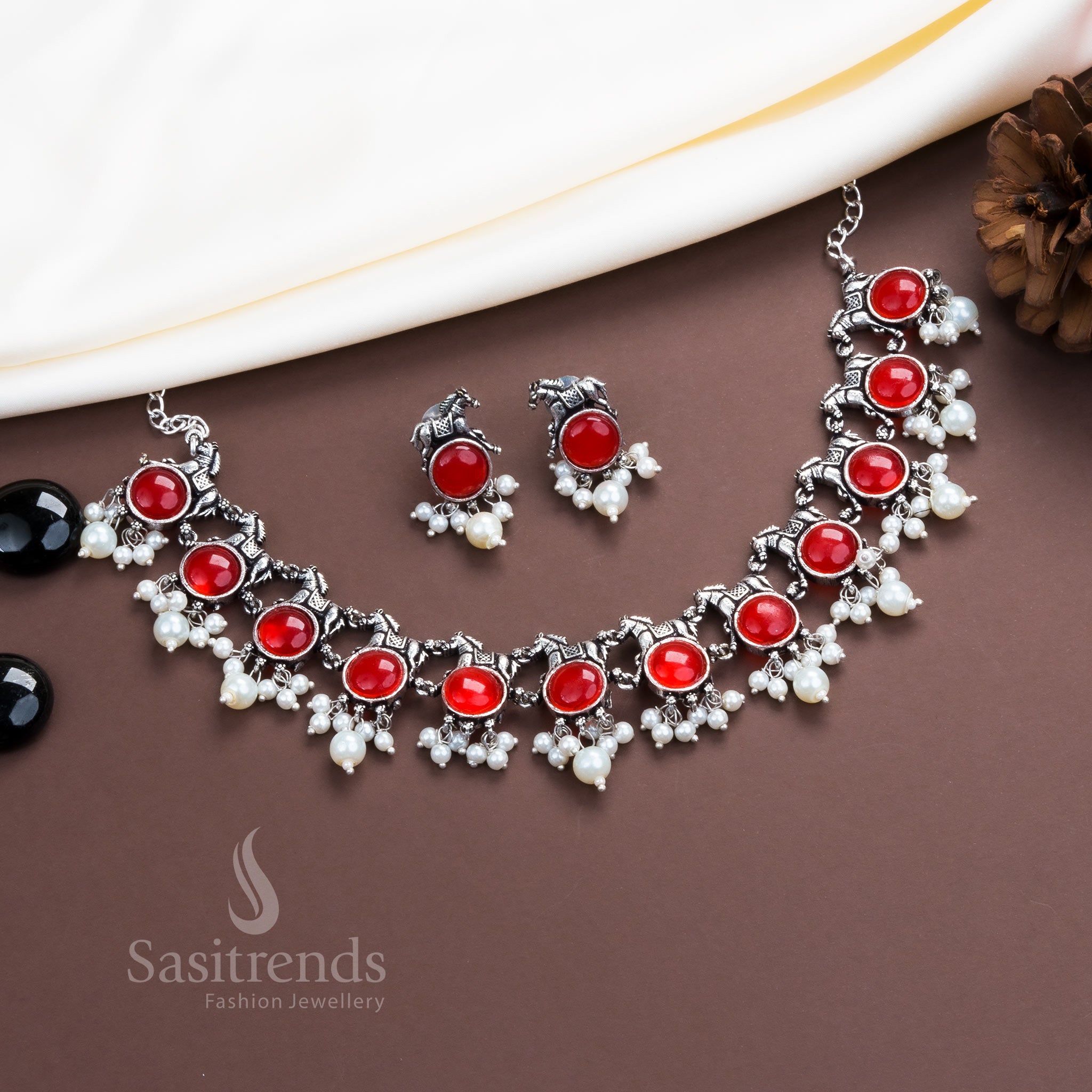 Classic ruby horse motif oxidised necklace and stone earrings – pearl jewellery set – Sasitrends

