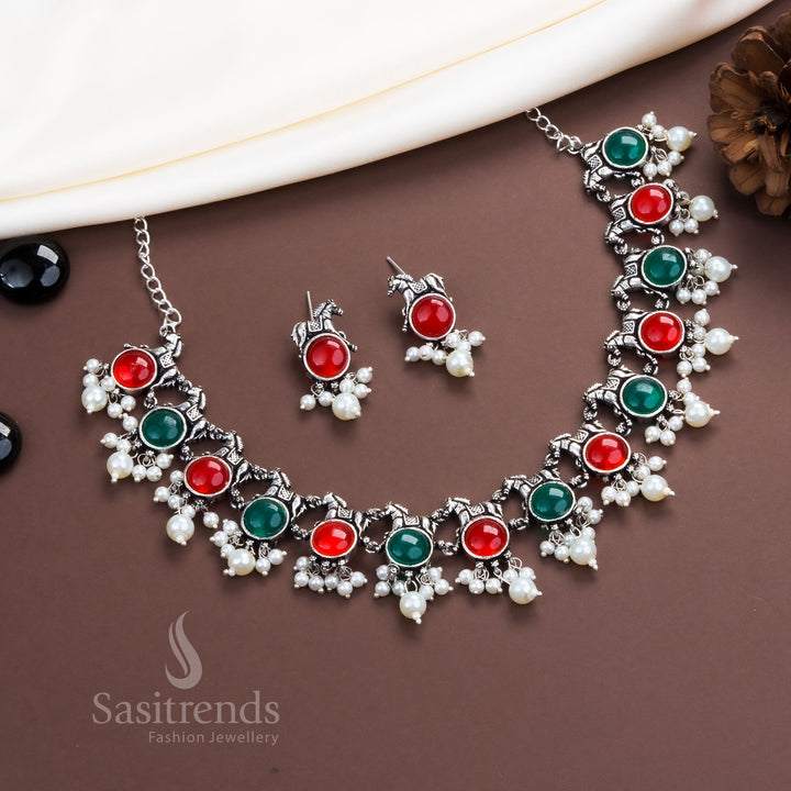 Traditional ruby green horse design oxidised necklace with stones and pearls – festive jewellery – Sasitrends

