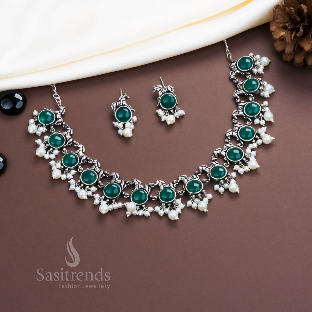 Green oxidised silver horse necklace with pearl earrings – traditional statement party wear jewellery set – Sasitrends
