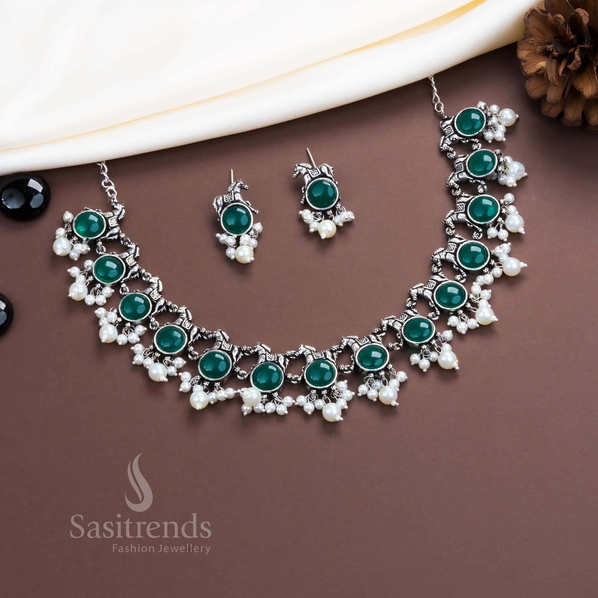 Green oxidised silver horse necklace with pearl earrings – traditional statement party wear jewellery set – Sasitrends