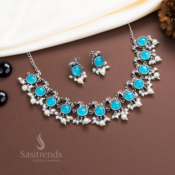 Sky blue oxidised necklace with horse design pearl earrings – stylish party jewellery set – Sasitrends