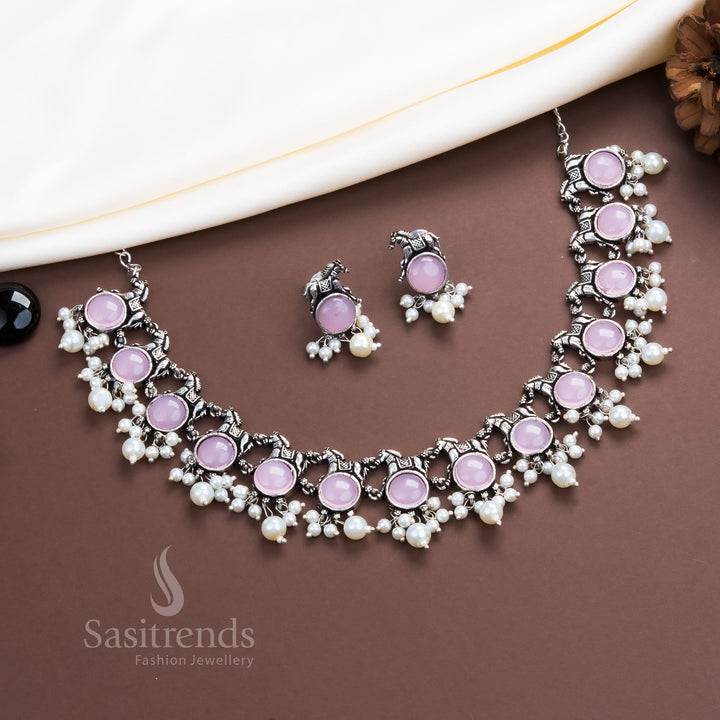 Blush pink oxidised horse motif necklace with pearls and stone earrings – stylish jewellery set – Sasitrends