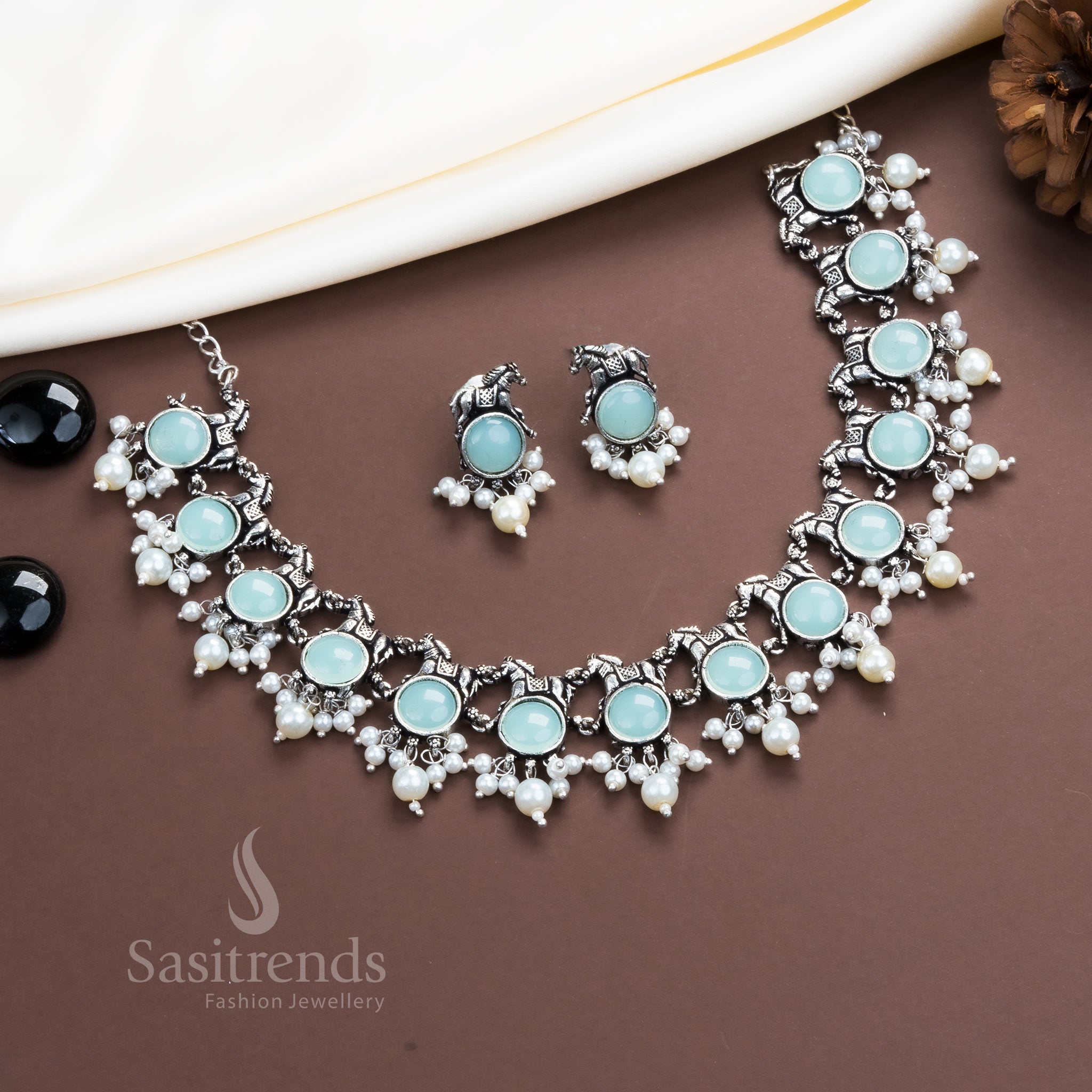 Mint green oxidised horse necklace with pearl earrings and stones – festive trendy jewellery set – Sasitrends