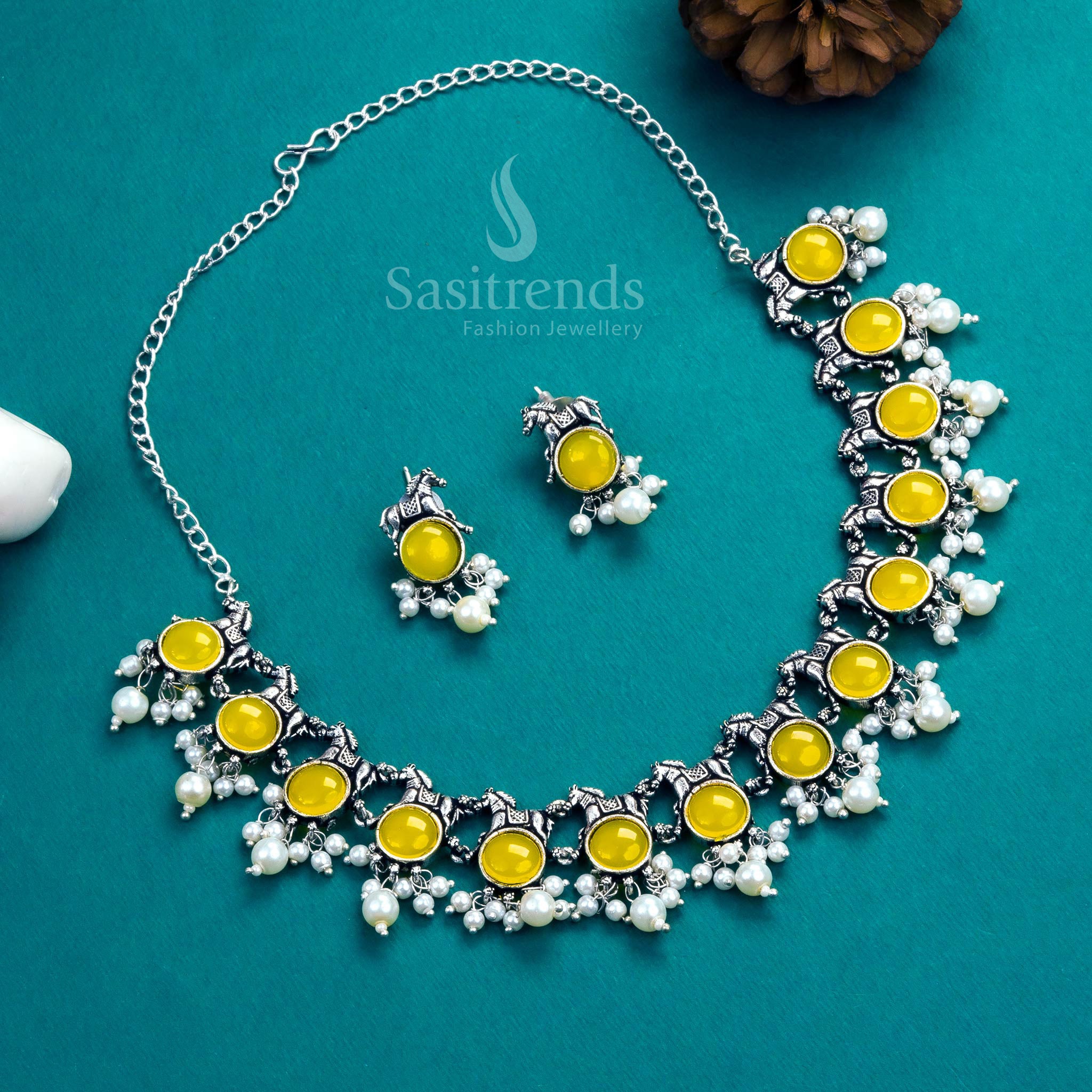 Golden yellow oxidised horse pendant necklace with pearl earrings – festive statement jewellery – Sasitrends

