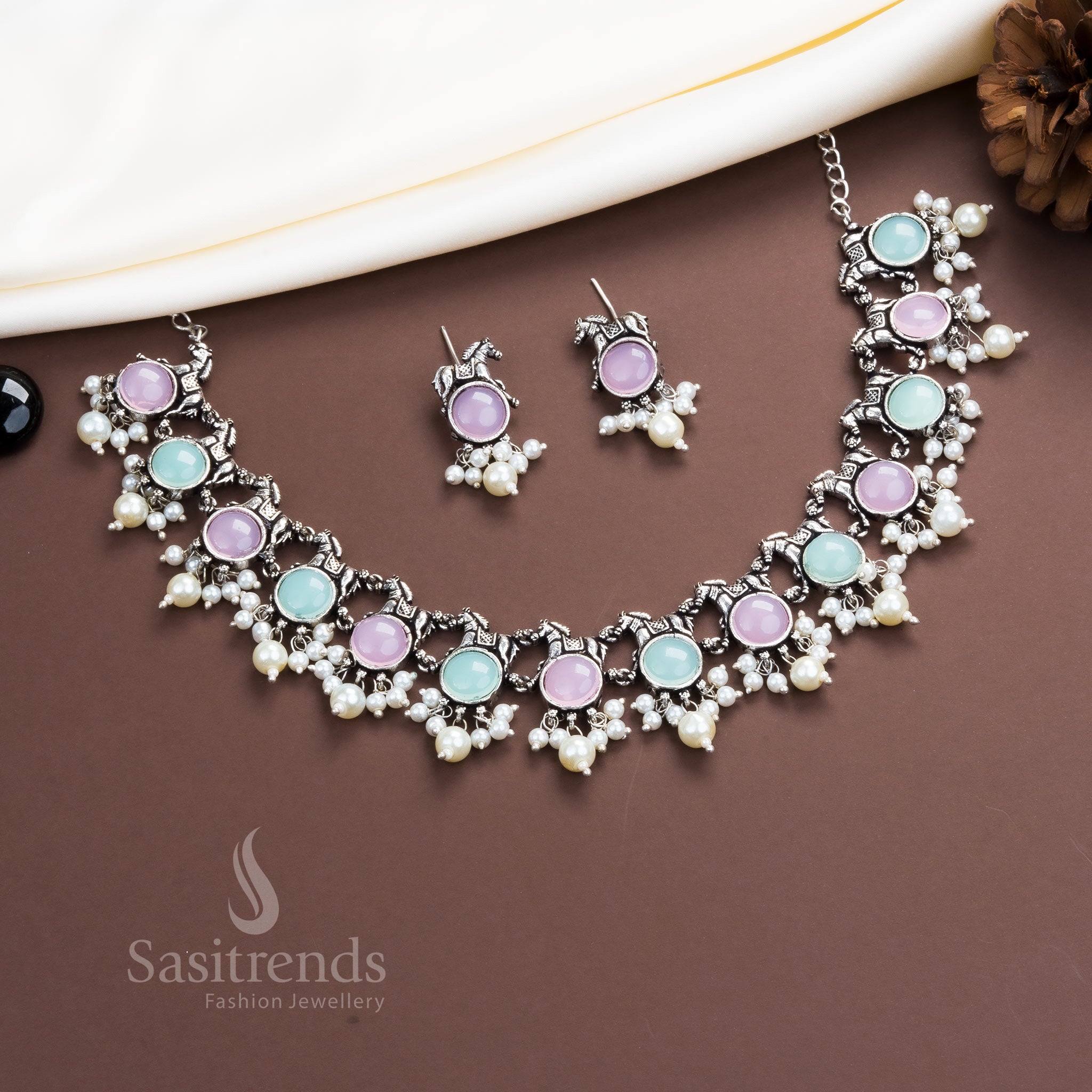 Mint pink oxidised horse necklace with pearl drops and stone earrings – fusion style jewellery – Sasitrends
