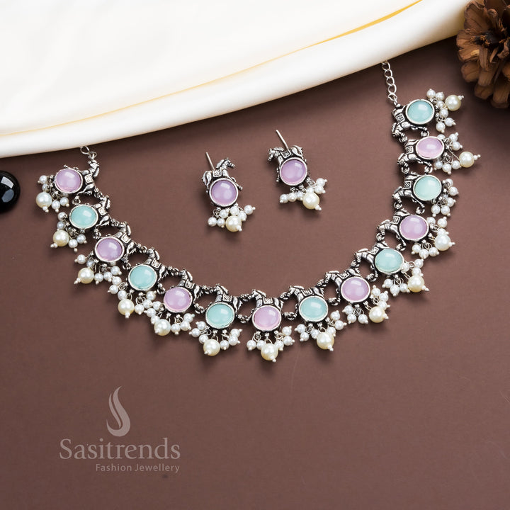 Mint pink oxidised horse necklace with pearl drops and stone earrings – fusion style jewellery – Sasitrends