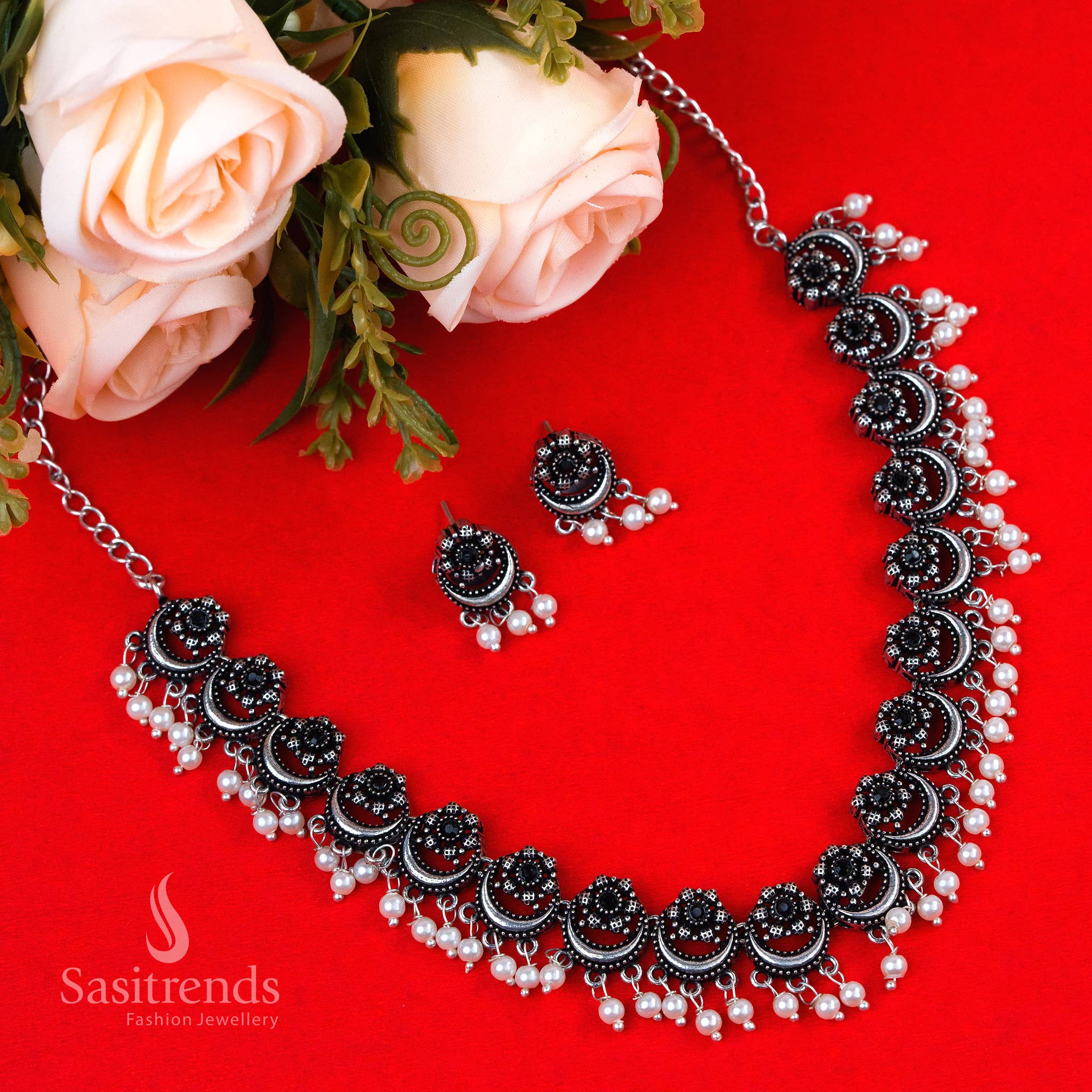 Elegant Black Oxidised Silver Pearl Stone Necklace with Floral & Half-Moon Motifs – Party Look Designer Jewellery Set by Sasitrends