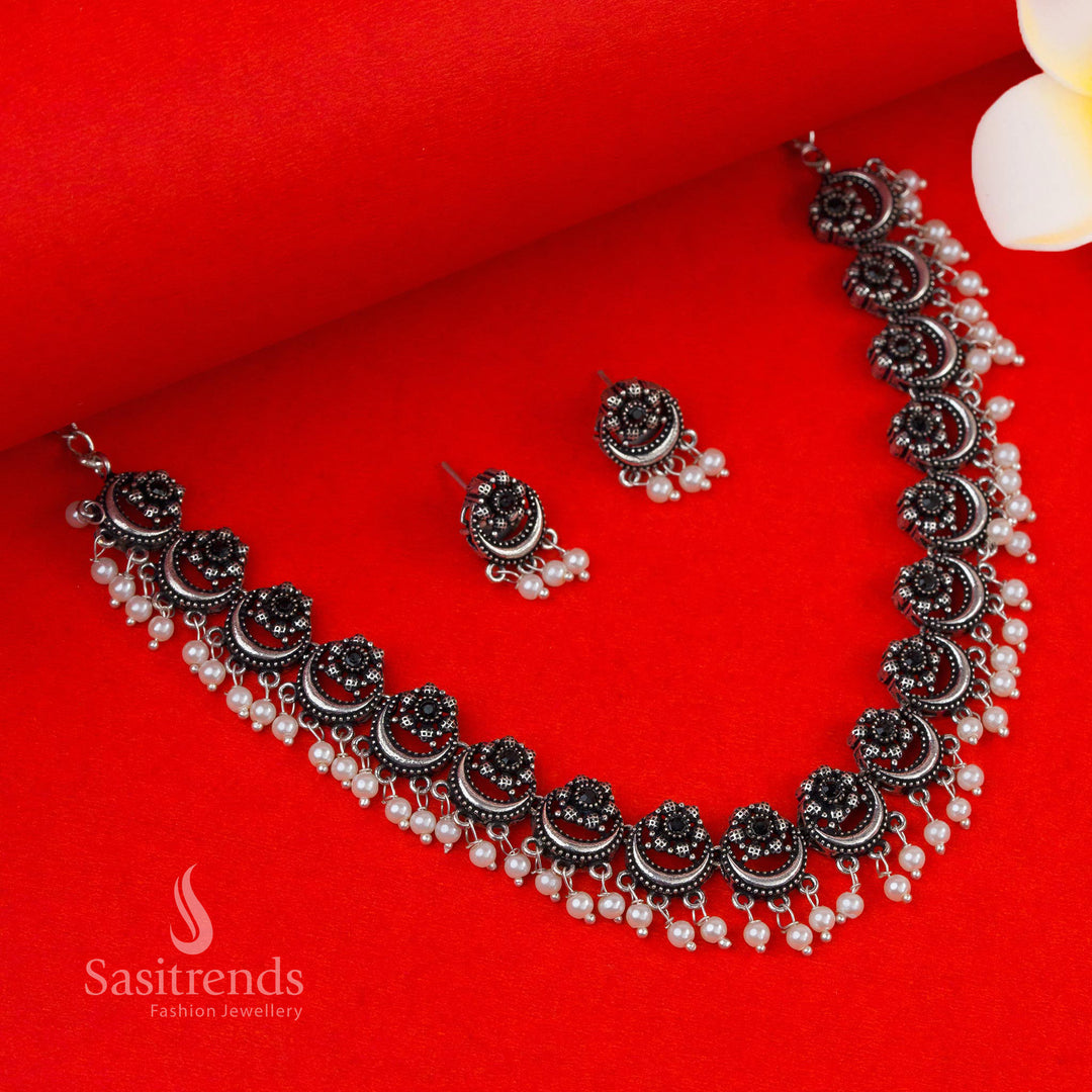 Stunning Latest Jewellery Set: Party Look Oxidised Silver Pearl Stones  Necklace Jewellery Set Floral Half-Moon Motifs Sasitrends