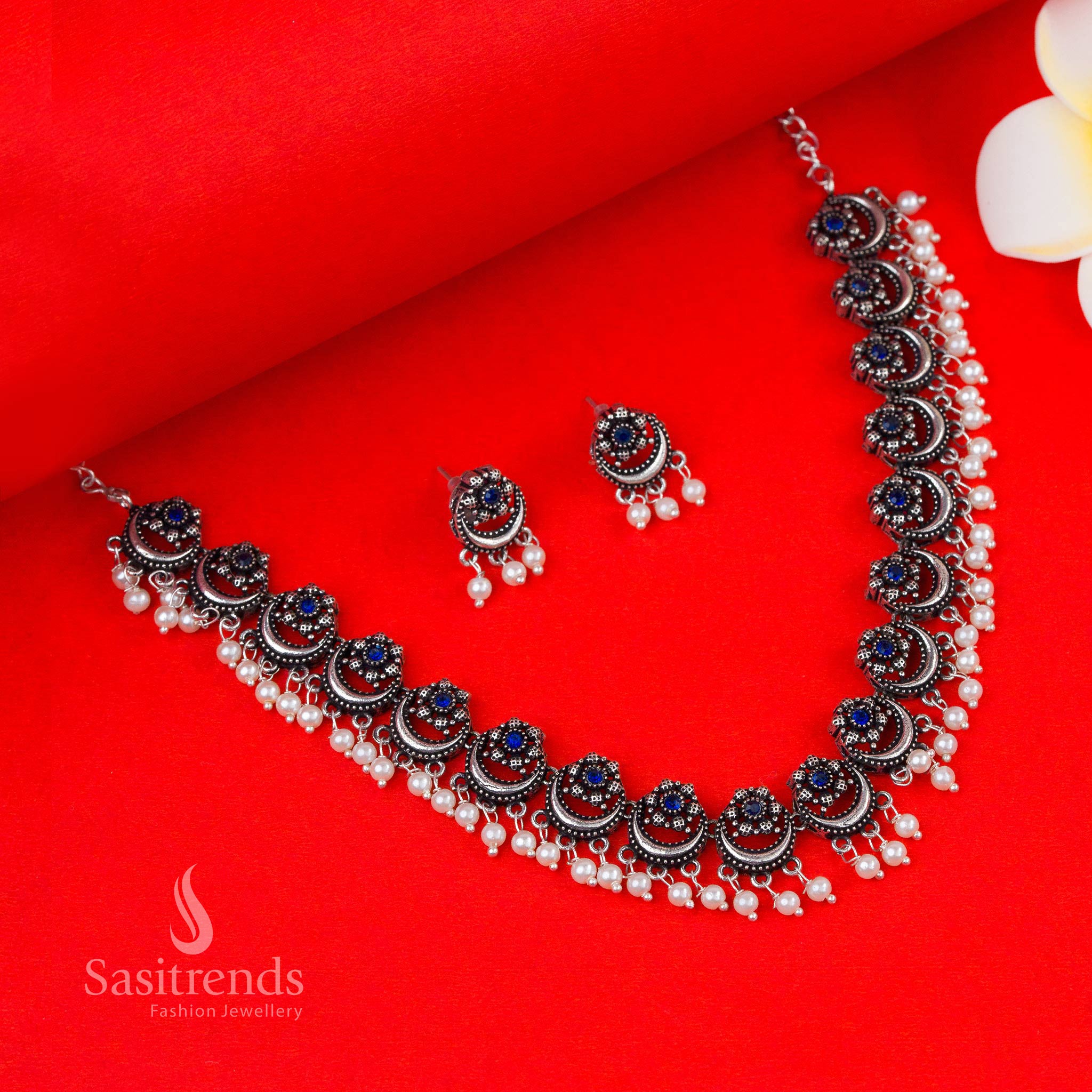 Cool Blue Oxidised Stones and Pearl Necklace with Floral Moon Design and Elegant Jhumkas – Everyday Party Jewellery by Sasitrends


