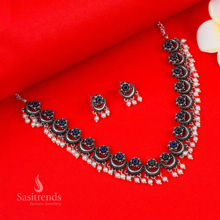 Cool Blue Oxidised Stones and Pearl Necklace with Floral Moon Design and Elegant Jhumkas – Everyday Party Jewellery by Sasitrends

