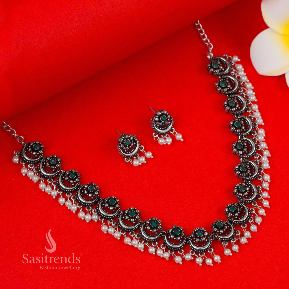 Forest Green Oxidised Necklace Set with Pearl Highlights and Floral Central Design – Party Look Ethnic Jewellery by Sasitrends