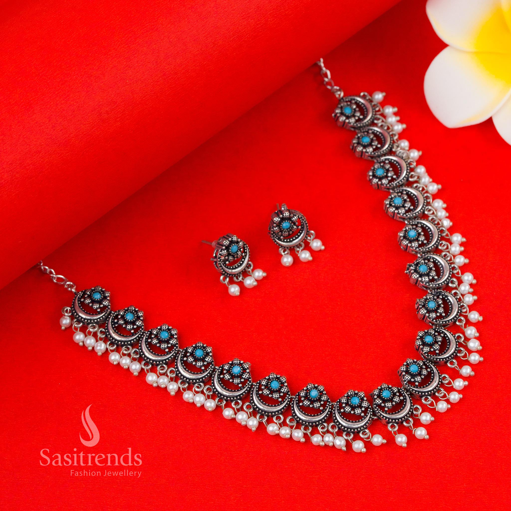 Sky Blue Oxidised Pearl Necklace with Floral Moon Jhumkas – Lightweight and Elegant Party Jewellery by Sasitrends