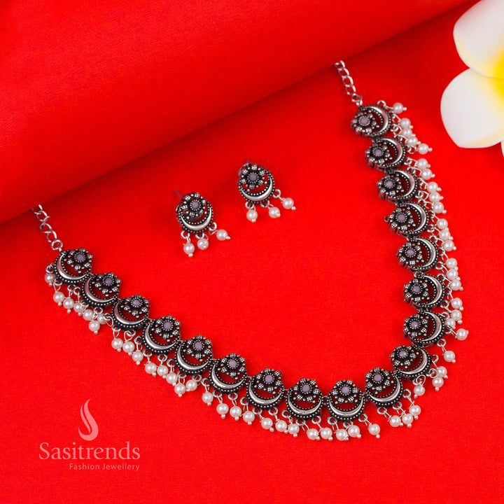 Blush Pink Oxidised Pearl Necklace Set with Delicate Floral Moon Pendants – Fashion Statement Jewellery by Sasitrends