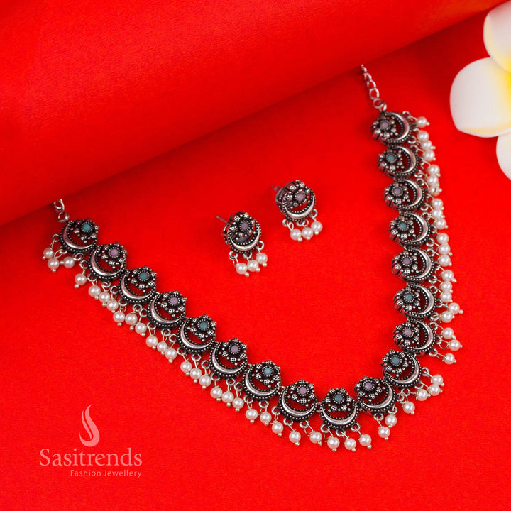 Mint Pink Blended Oxidised Party Necklace with Pearl Details and Half-Moon Motifs – Stylish Saree Jewellery by Sasitrends