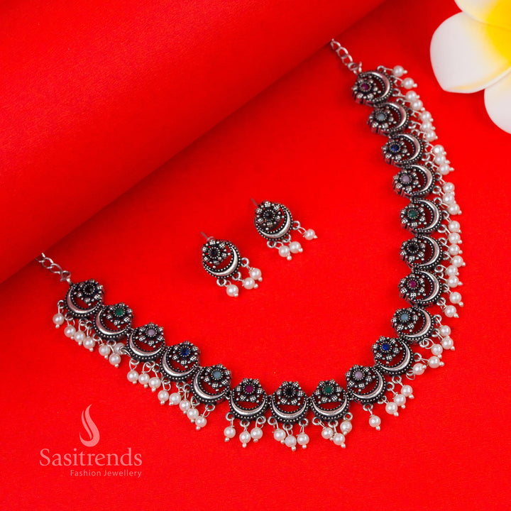 Multicolour Magic Oxidised Floral Moon Pearl Necklace with Jhumkas – Cultural Festive Jewellery for Traditional Outfits by Sasitrends