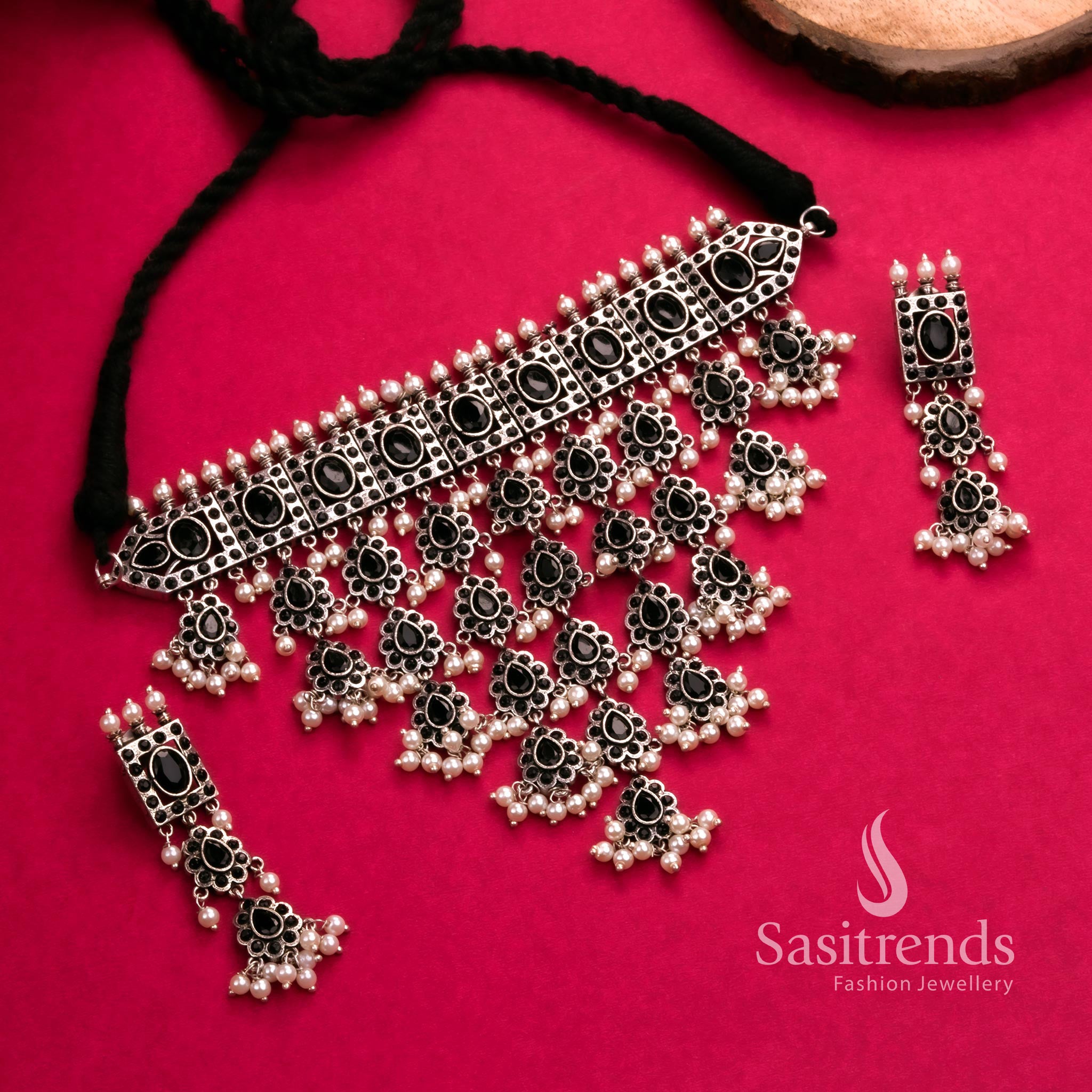 Bold black oxidised choker necklace with pearls and stone earrings – statement occasion jewellery – Sasitrends