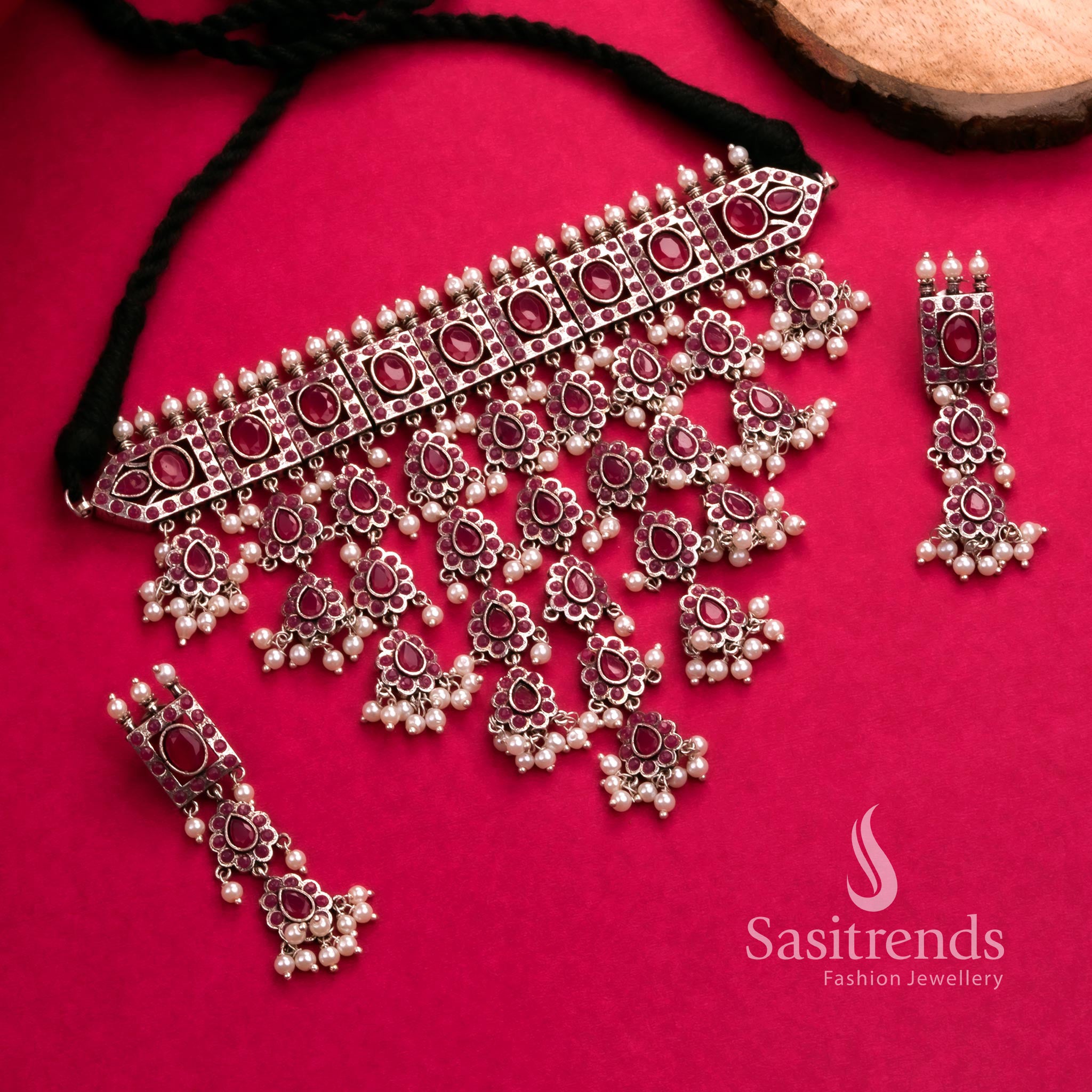 Ruby oxidised trendy choker necklace with pearl drops and earrings – fashion jewellery set – Sasitrends