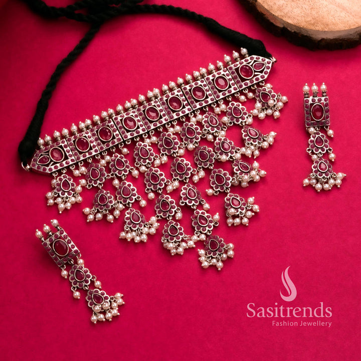 Ruby oxidised trendy choker necklace with pearl drops and earrings – fashion jewellery set – Sasitrends