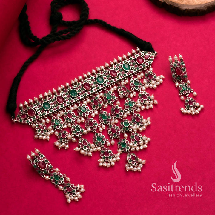 Ruby green oxidised pearl choker with stylish motif earrings – festive trend jewellery set – Sasitrends