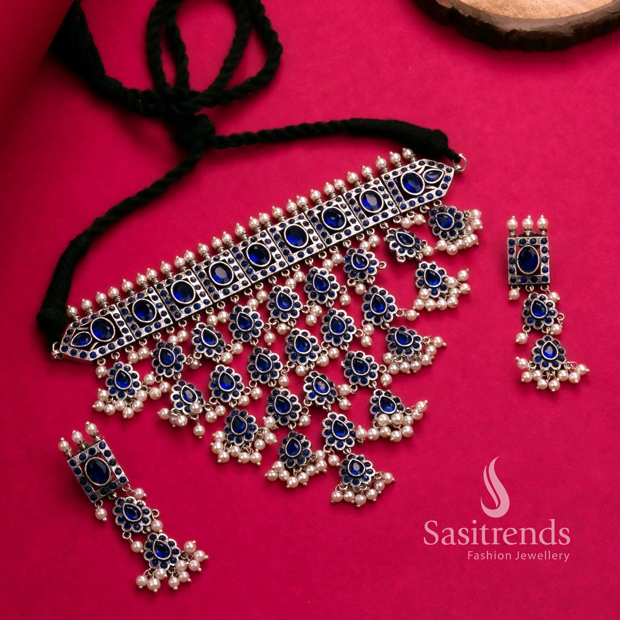Royal blue oxidised traditional choker set with pearls and elegant earrings – fusion look – Sasitrends