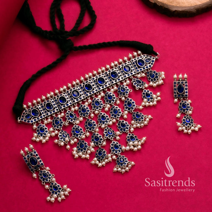 Royal blue oxidised traditional choker set with pearls and elegant earrings – fusion look – Sasitrends