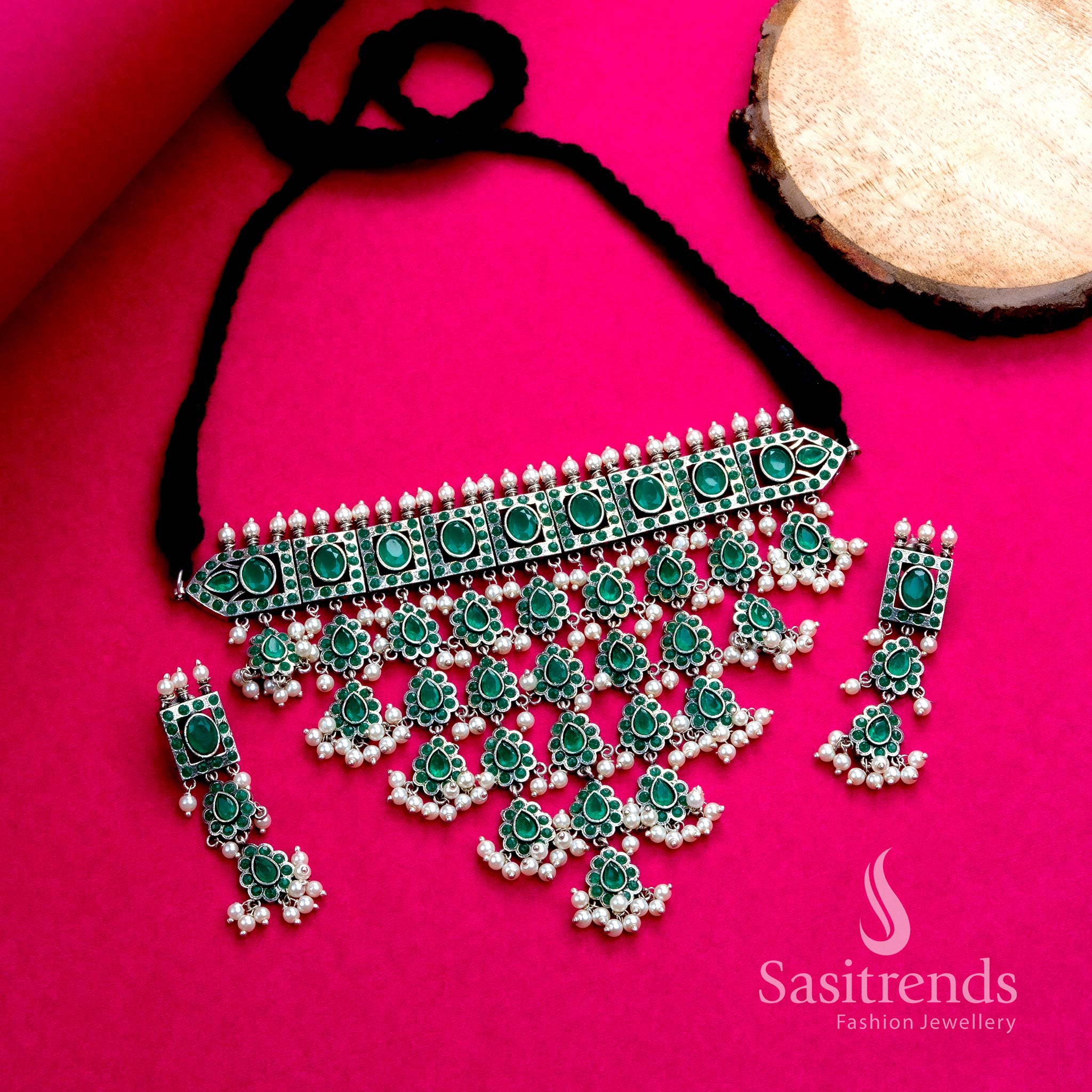 Traditional green oxidised pearl choker necklace with designer earrings – fusion jewellery set – Sasitrends