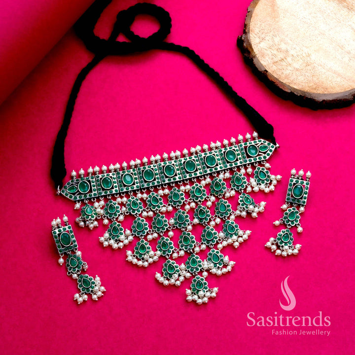Traditional green oxidised pearl choker necklace with designer earrings – fusion jewellery set – Sasitrends