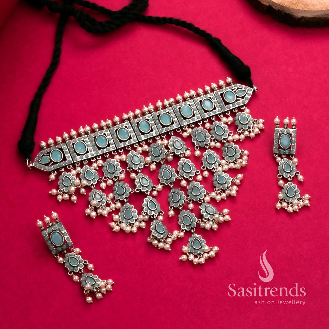 Mint green oxidised silver choker set with pearl hangings and stone earrings – party wear jewellery – Sasitrends