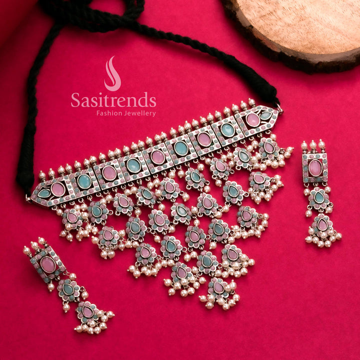 Mint pink dual tone oxidised choker with pearl hangings and elegant earrings – trendy jewellery – Sasitrends