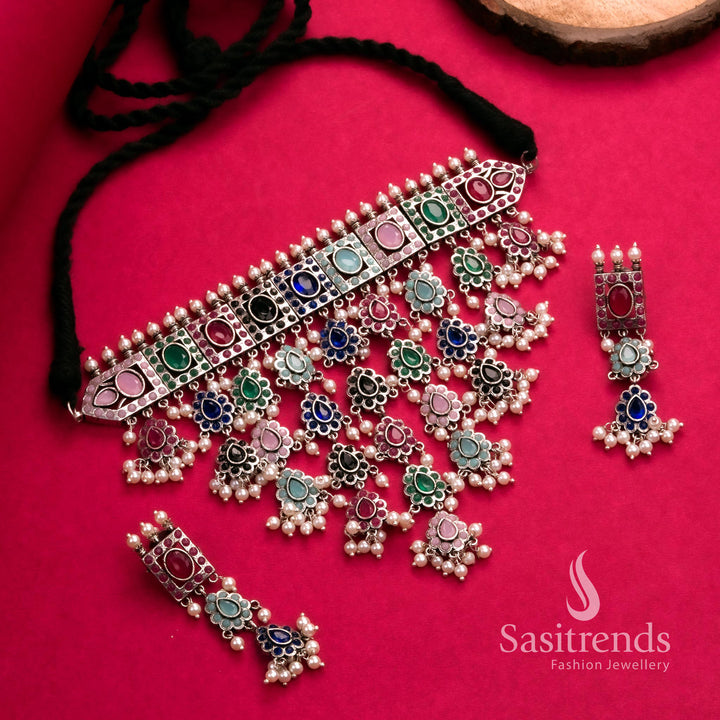 Vibrant multi-colour oxidised choker with pearl earrings – stylish fusion jewellery for parties – Sasitrends