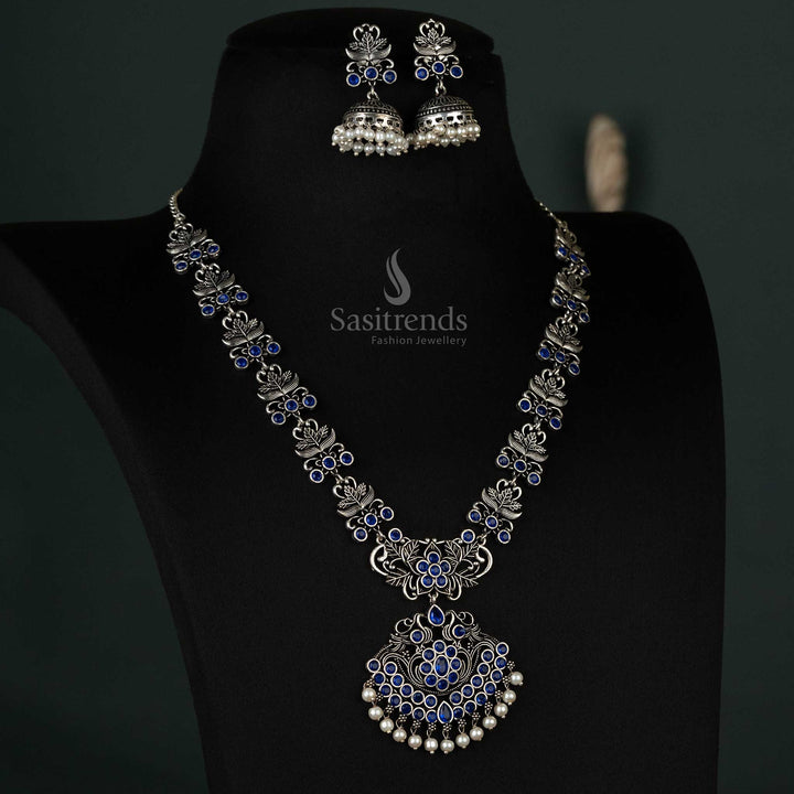 Stunning Floral Pendant For Party Wear Oxidised Stones Jewellery Set with Pearl Jhumkas | Sasitrends