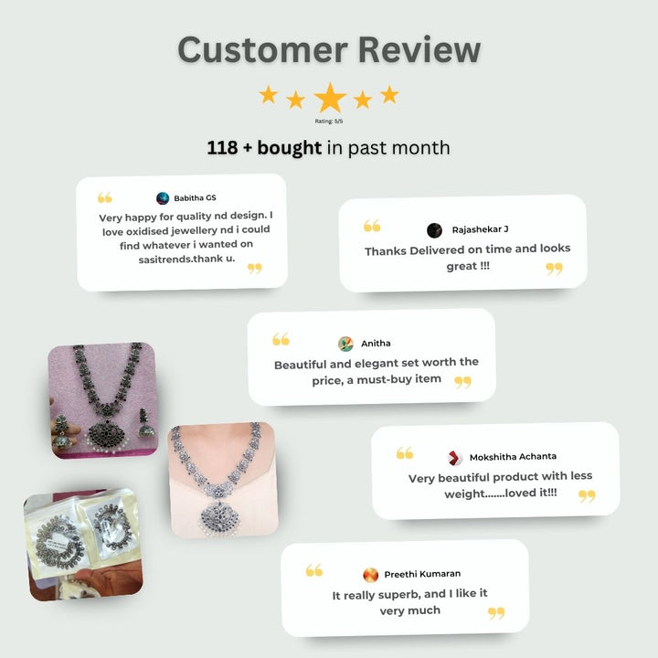 Customer review image showcasing an oxidized necklace set suitable for party wear, office wear, and casual ethnic looks - Sasitrends.