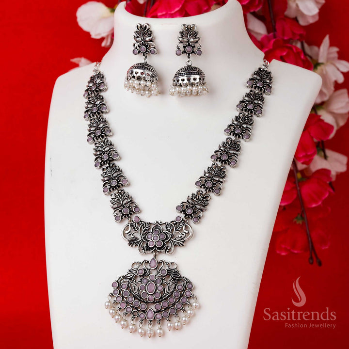 Chic pink floral oxidised pendant necklace with jhumkas for a stylish party wear jewellery ensemble – Sasitrends