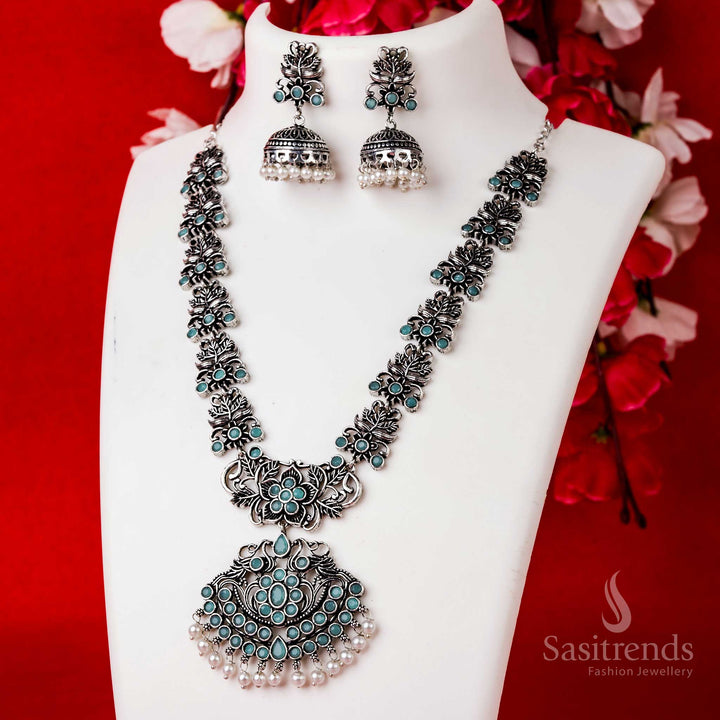 Mint green oxidised stone necklace set with floral pendant and pearl jhumkas, crafted for an elegant ethnic look – Sasitrends