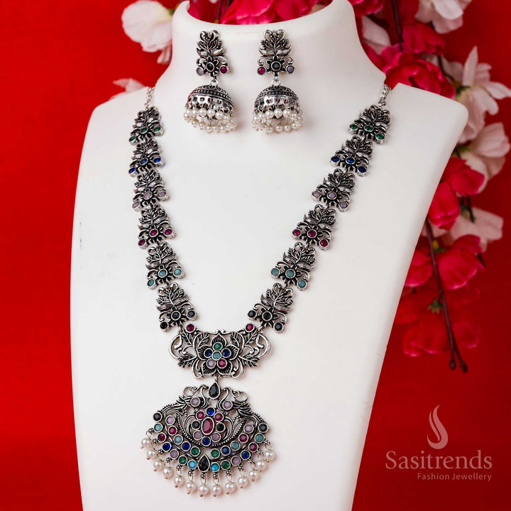 Vibrant multicolour floral oxidised necklace with stones and pearl jhumkas, perfect for adding party wear glam to ethnic attire – Sasitrends