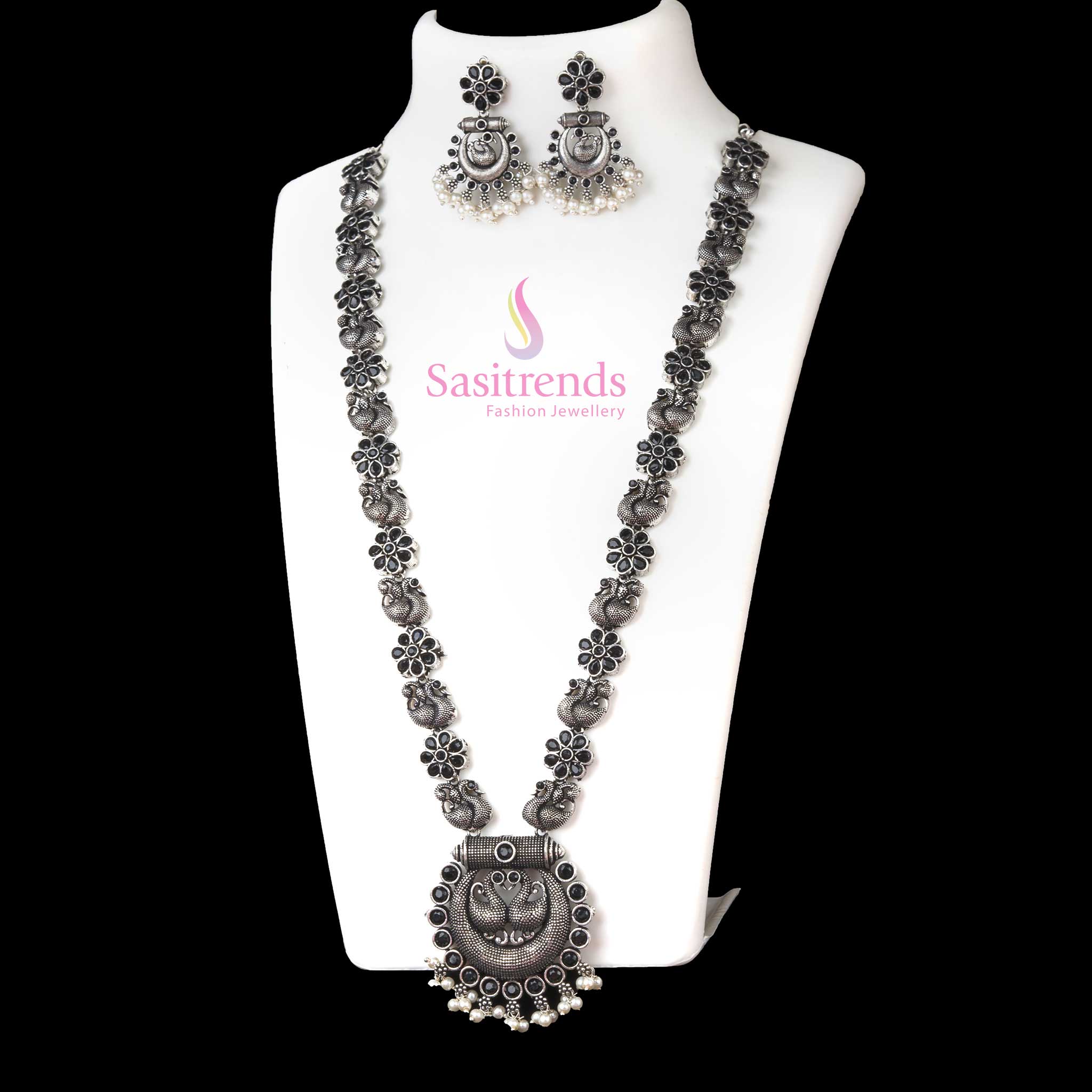 Graceful Oxidised Silver Peacock Chandbali Long Necklace With Black Stone Stud Earrings, Antique Matte Finish And Stylish Ethnic Jewellery For Women’s Fashion Collections - Sasitrends

