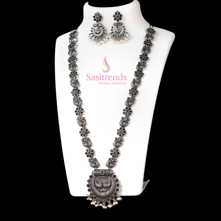 Graceful Oxidised Silver Peacock Chandbali Long Necklace With Black Stone Stud Earrings, Antique Matte Finish And Stylish Ethnic Jewellery For Women’s Fashion Collections - Sasitrends

