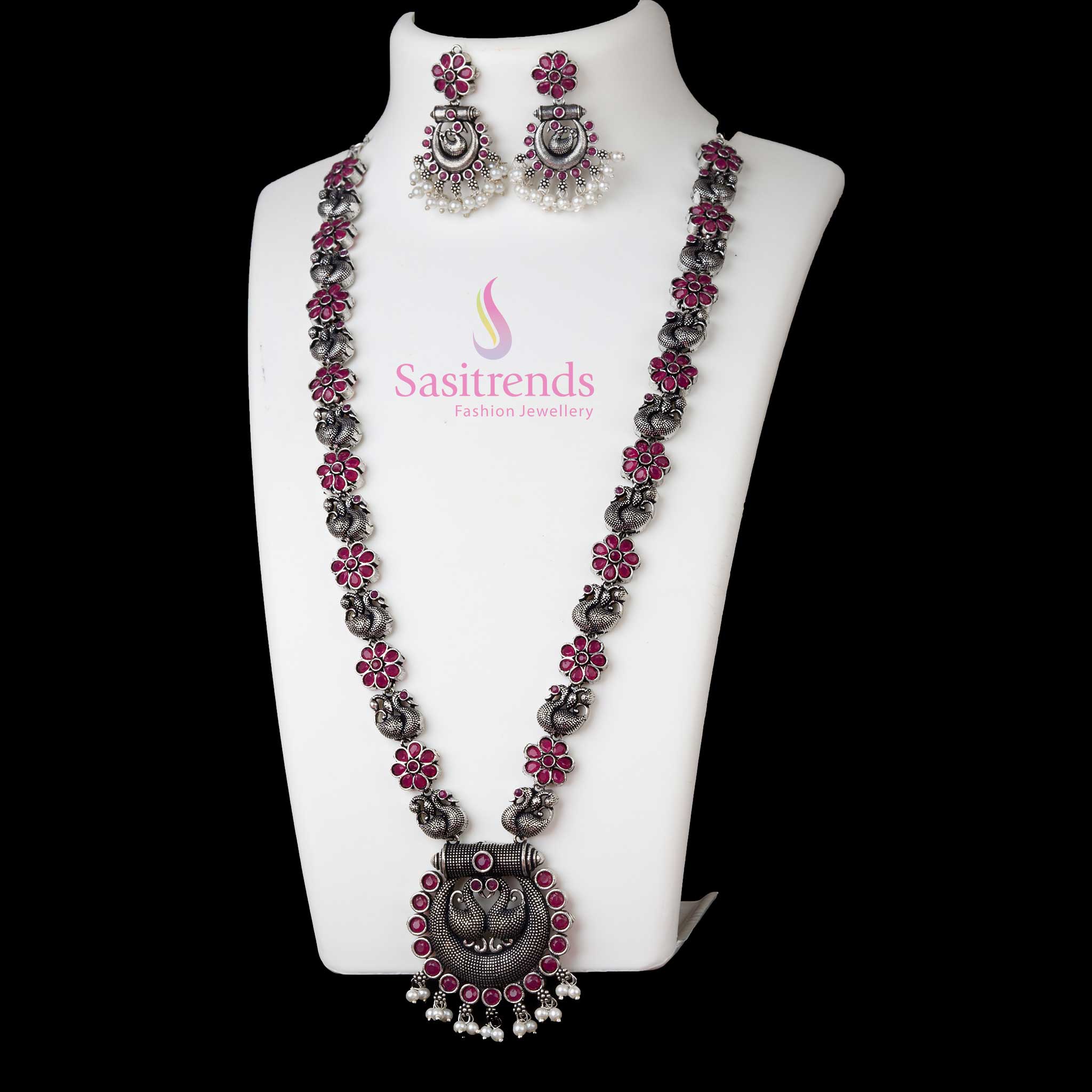 Antique Oxidised Silver Peacock Chandbali Pendant Long Necklace With Ruby Stones And Stud Earrings – Traditional Festive Jewellery Set Perfect For Sarees And Ethnic Wear - Sasitrends