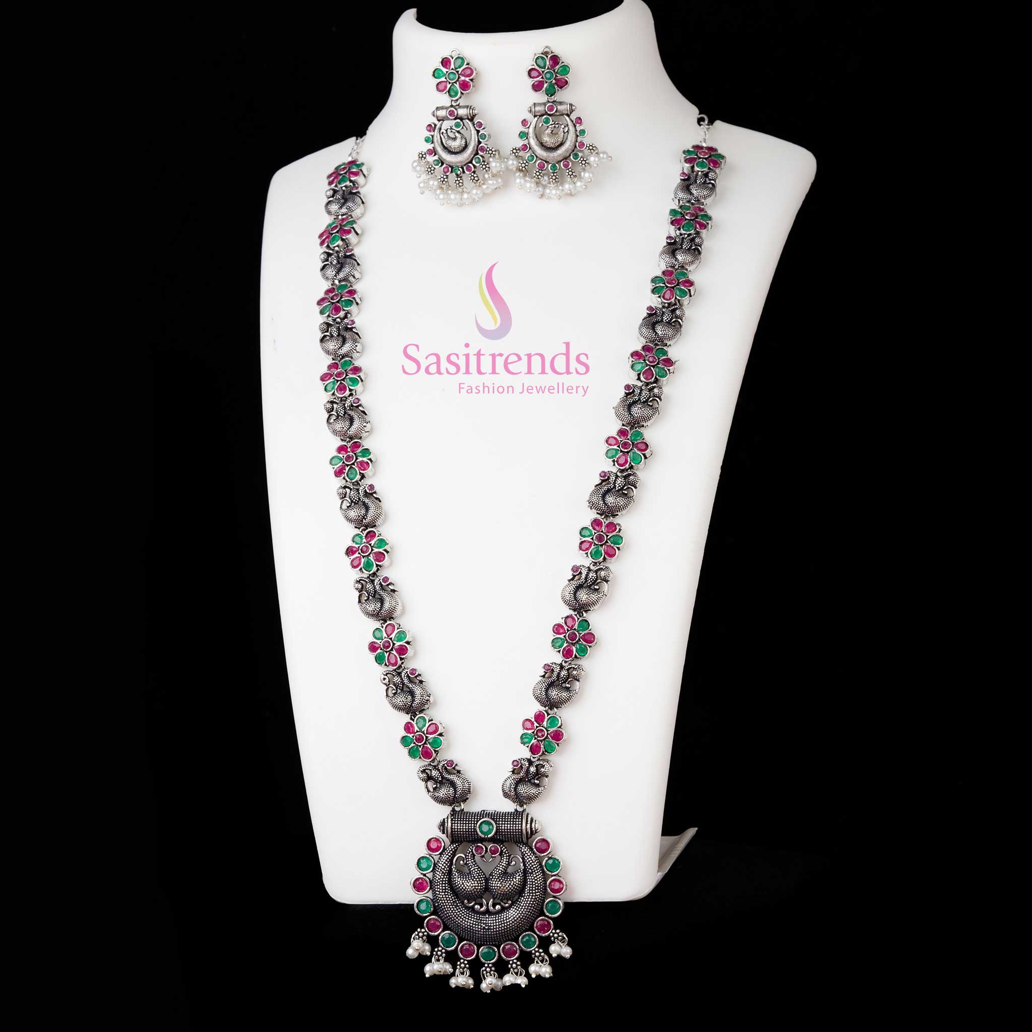 Intricate Oxidised Silver Peacock Chandbali Pendant Necklace With Ruby-Green Stones And Matching Earrings – Timeless Traditional Jewellery Creation - Sasitrends