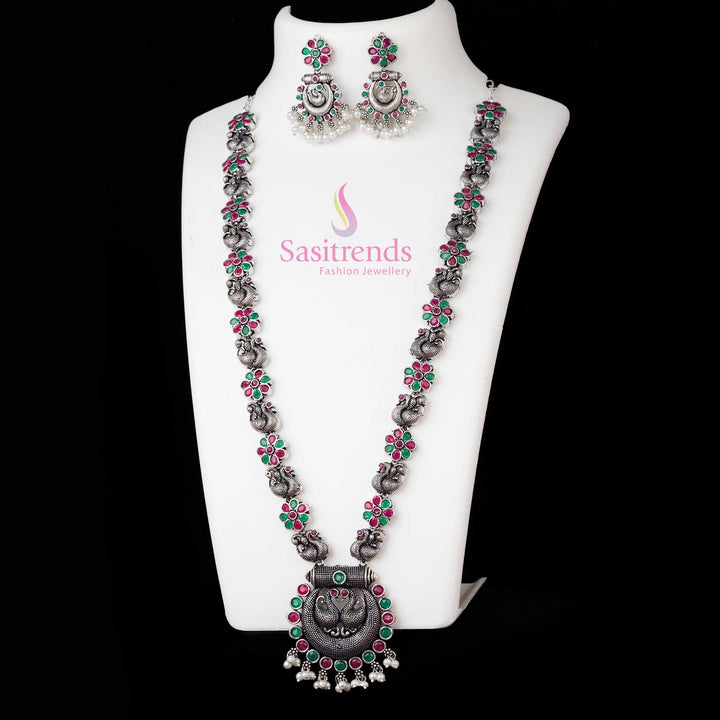 Intricate Oxidised Silver Peacock Chandbali Pendant Necklace With Ruby-Green Stones And Matching Earrings – Timeless Traditional Jewellery Creation - Sasitrends